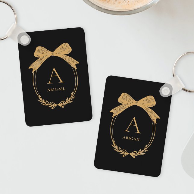Llavero Monograma Inicial Moderno de Lazo Negro y Dorado C (Modern Initial Black and Gold Chic Bow Monogram Keychain)