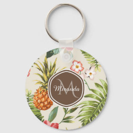 Llavero Monograma marrón floral de piña tropical exótica