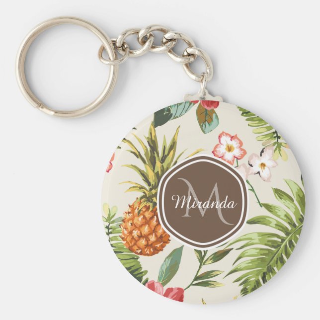 Llavero Monograma marrón floral de piña tropical exótica (Frente)