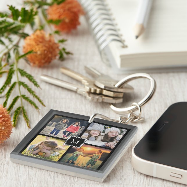 Llavero Monograma moderno de collage de fotos de la famili (Frente Derecha)