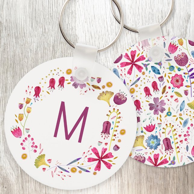 Llavero Monograma moderno de flor acuática (Modern monogram initial personalized watercolor wildflower floral key ring)
