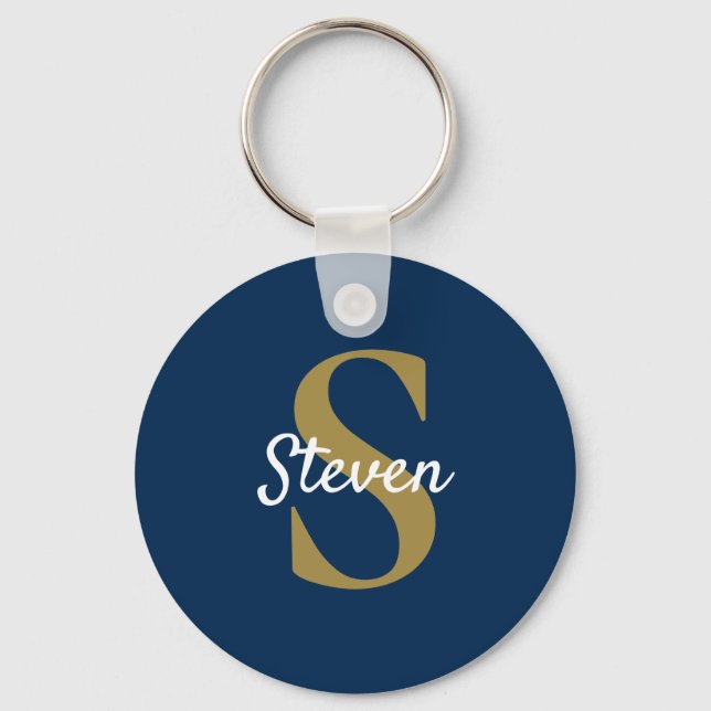 Llavero Monograma Navy Blue Gold Nombre personalizado (Anverso)