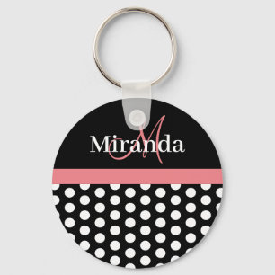 Llavero Monograma negro blanco rosado Polka Dot