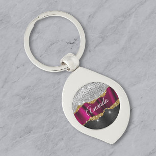 Llavero Monograma negro Fuchsia brillo plateado falso Chic