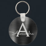 Llavero Monograma negro moderno de acero inoxidable falso<br><div class="desc">Llavero metálico negro moderno y elegante de acero inoxidable falso. Estos llaveros se pueden personalizar para incluir su inicial y nombre. Estos llaveros son excelentes regalos para cumpleaños,  despedidas de soltera o fiestas de soltera.</div>