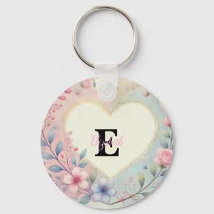 Llavero Monograma nombre vintage corazones floral acuarela