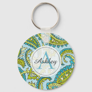 Llavero Monograma Paisley Colorful Aqua Boho Moda de moda
