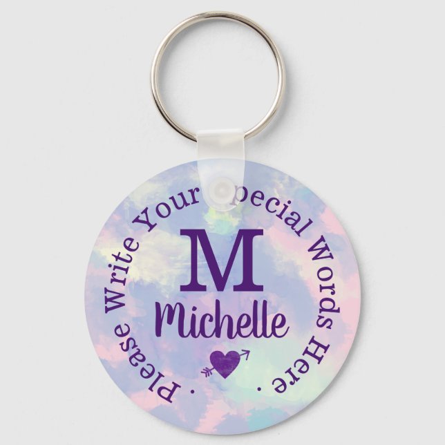 Llavero monograma para ella con texto personalizado morado (Anverso)