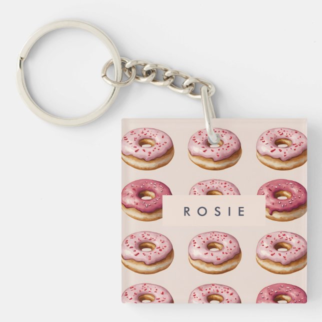 Llavero Monograma Patrón de donut rosado personalizado (Frente)