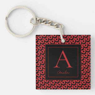Llavero Monograma personalizado de corazones rojos y negro