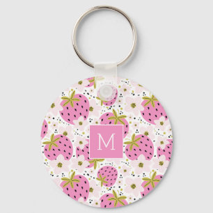 Llavero Monograma Personalizado de fresas rosadas