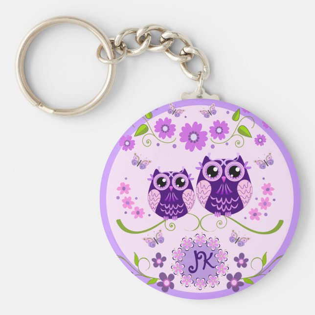 Llavero Monograma Personalizado de lechuzas, flores y mari (Frente)