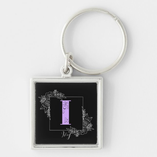 Llavero Monograma Personalizado de mariposa morada floral  (Frente)