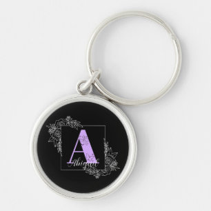 Llavero Monograma Personalizado de mariposa morada floral