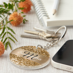 Llavero Monograma Personalizado de Oro Brillante con Purpu