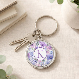 Llavero Monograma Personalizado Floral Morado Elegante
