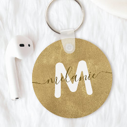 Llavero Monograma Personalizado Nombre Hoja de Oro Lujo