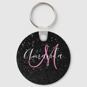 Llavero Monograma personalizado rosa falso brillo negro