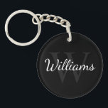 Llavero Monograma Personalizado y Nombre en Negro<br><div class="desc">Regalo con Monograma Personalizado y Nombre
con nombre personalizado en estilo de letra cursiva blanca y monograma en estilo de letra serif gris como fondo,  sobre fondo negro.

Perfecto como regalo de vacaciones,  favores de reunión familiar,  regalo de agradecimiento para los padrinos y regalo para cualquier ocasión especial.</div>