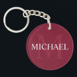 Llavero Monograma Personalizado y Nombre Rojo Burdeos<br><div class="desc">Regalo con Monograma Personalizado y Nombre
con nombre personalizado en blanco y monograma en rojo burdeos claro como fondo,  en estilo de letra serif clásico, 
en fondo rojo burdeos.

Perfecto como regalo de vacaciones,  favores de reunión familiar,  regalo de agradecimiento para los padrinos y regalo para cualquier ocasión especial.</div>