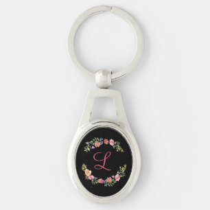 Llavero Monograma Rosa, Amarillo y Verde Floral Acuarela 