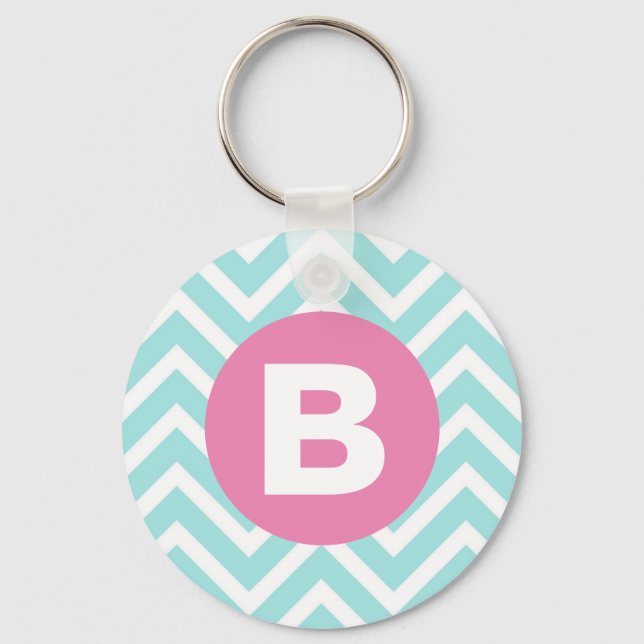Llavero Monograma rosa chevron azul claro de moda (Anverso)