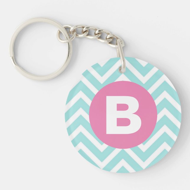 Llavero Monograma rosa chevron azul claro de moda (Frente)
