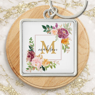 Llavero Monograma Rosa Floral Botánica Acuarela Elegante