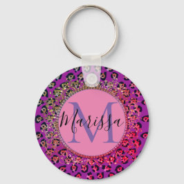 Llavero Monograma rosa y púrpura de leopardo de las lunas