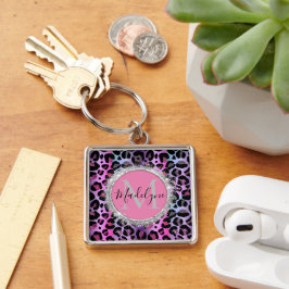 Llavero Monograma rosa y púrpura de leopardo de las lunas