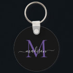 Llavero Monograma violeta morado negro con guión elegante<br><div class="desc">Monograma violeta púrpura simple negro elegante cadena de escritura moderna</div>