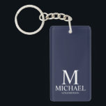 Llavero Monograma y nombre de Groomsman personalizado azul<br><div class="desc">Regalos Groomsman personalizados en blanco y negro con monograma personalizado,  nombre y título del groomsman en blanco clásico estilo de letra serif sobre fondo azul marino. También perfecto para el Mejor Hombre,  Padre de la Novia y más.</div>