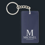 Llavero Monograma y nombre de Groomsman personalizado azul<br><div class="desc">Regalos Groomsman personalizados en blanco y negro con monograma personalizado,  nombre y título del groomsman en blanco clásico estilo de letra serif sobre fondo azul marino. También perfecto para el Mejor Hombre,  Padre de la Novia y más.</div>