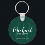 Llavero Monograma y nombre de Groomsmen personalizado de e<br><div class="desc">Añada un toque personal a su boda con la cadena de teclas personalizada para los groomsmen. Esta cadena de teclas presenta el nombre de los groomsmen personalizado en estilo de letra de escritura blanco moderno y monograma en estilo de letra de escritura verde esmeralda claro estilo de escritura moderno como...</div>