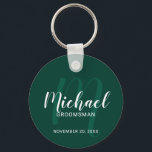 Llavero Monograma y nombre de Groomsmen personalizado de e<br><div class="desc">Añada un toque personal a su boda con la cadena de teclas personalizada para los groomsmen. Esta cadena de teclas presenta el nombre de los groomsmen personalizado en estilo de letra de escritura blanco moderno y monograma en estilo de letra de escritura verde esmeralda claro estilo de escritura moderno como...</div>