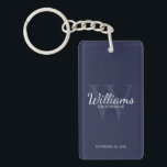 Llavero Monograma y nombre de Groomsmen personalizados por<br><div class="desc">Añada un toque personal a su boda con la cadena de teclas personalizada para los groomsmen. Esta cadena de teclas presenta el nombre de groomsman personalizado en estilo de letra de guión clásico blanco con detalles bodas en estilo de letra serif clásico blanco y monograma en estilo de fuente serif...</div>