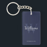Llavero Monograma y nombre de Groomsmen personalizados por<br><div class="desc">Añada un toque personal a su boda con la cadena de teclas personalizada para los groomsmen. Esta cadena de teclas presenta el nombre de groomsman personalizado en estilo de letra de guión clásico blanco con detalles bodas en estilo de letra serif clásico blanco y monograma en estilo de fuente serif...</div>