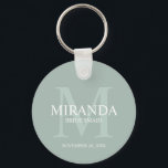 Llavero Monograma y nombre de la dama de honor personaliza<br><div class="desc">Añada un toque personal a su boda con el monograma y el regalo de nombre de la dama de honor. Este diseño presenta el nombre personalizado de la dama de honor con título y fecha boda en blanco y monograma en verde sabio como fondo, en estilo clásico serif, sobre fondo...</div>