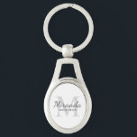 Llavero Monograma y nombre de la dama de honor personaliza<br><div class="desc">Los regalos personalizados de Bridesmaids presentan el nombre personalizado de la dama de honor en estilo de tipo de letra gris clásico y monograma en estilo de tipo de letra serif gris claro clásico como fondo con título y fecha boda en estilo de tipo de letra serif gris clásico sobre...</div>