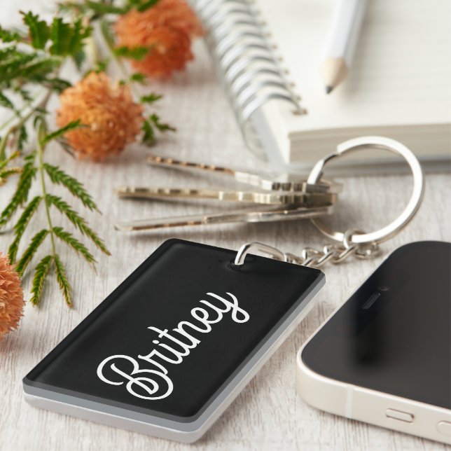 Llavero Monograma y nombre personalizados de blanco negro  (Frente Derecha)