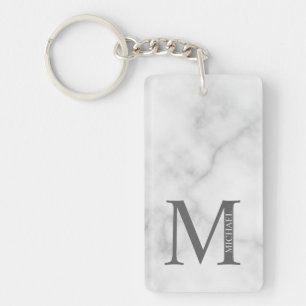 Llavero Monograma y nombre personalizados de mármol blanco