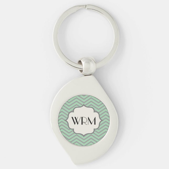 Llavero Monogramado de Mint Green Grey Chevron (Anverso)
