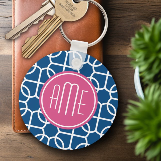Llavero Monogramas del patrón geométrico rosa y azul calie (Personalized Keychain - Add Name or Monogram)