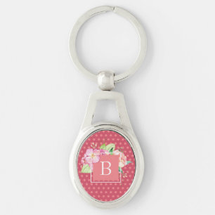 Llavero Monogramas Femeninos Puntos Rosados y Floral Coral