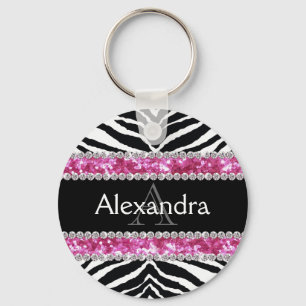 Llavero Monogramo Faux Purpurina Bling Zebra Chicas ID de