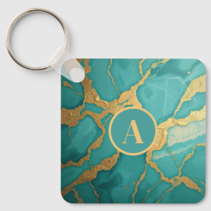 Llavero Monogramo Gold y Verde azulado mármol de lujo