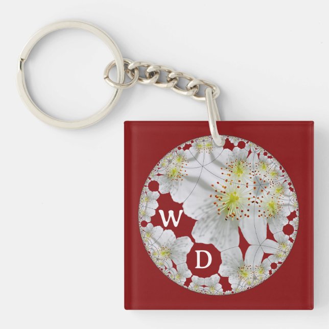 Llavero Monogramo Resumen Diversión Floral Arte Borgoña (Frente)