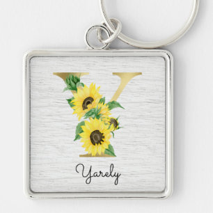 Llavero Monomagrama Flor Girly Girasol Inicial Dorada Y