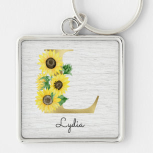 Llavero Monomagrama Flor Girly Girasol Inicial L en Oro
