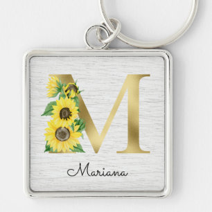 Llavero Monomagrama girasol dorado inicial M floral femeni
